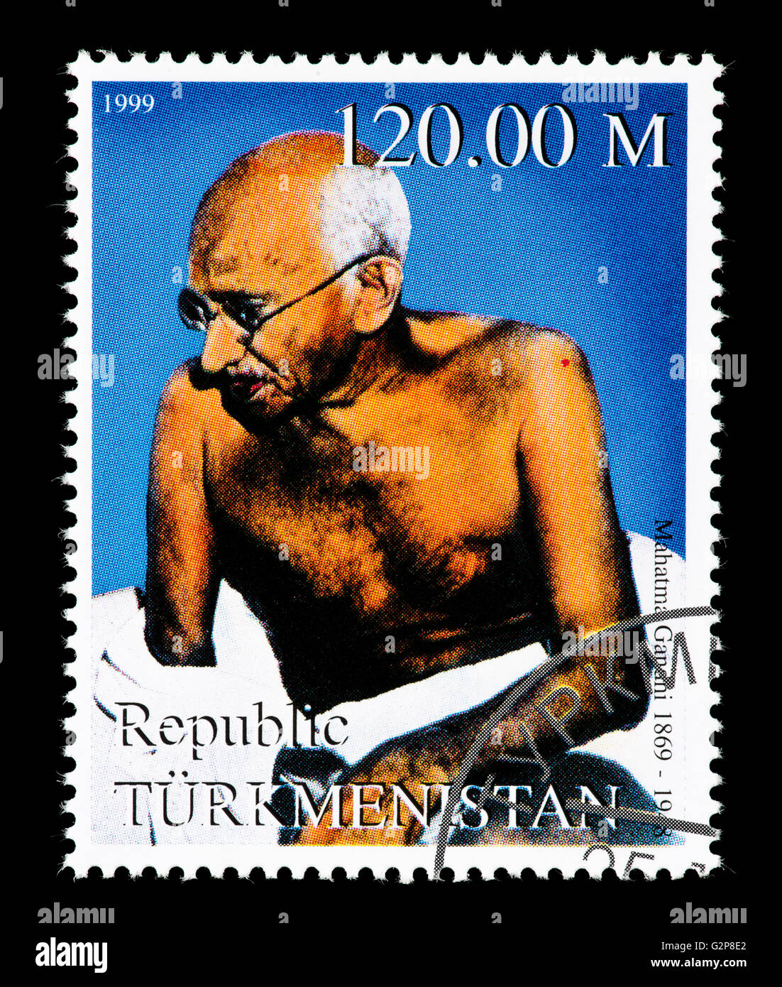 Postage stamp from Turkmenistan depicting Mohandas Karamchand Gandhi, Indian independence movement leader. Stock Photo