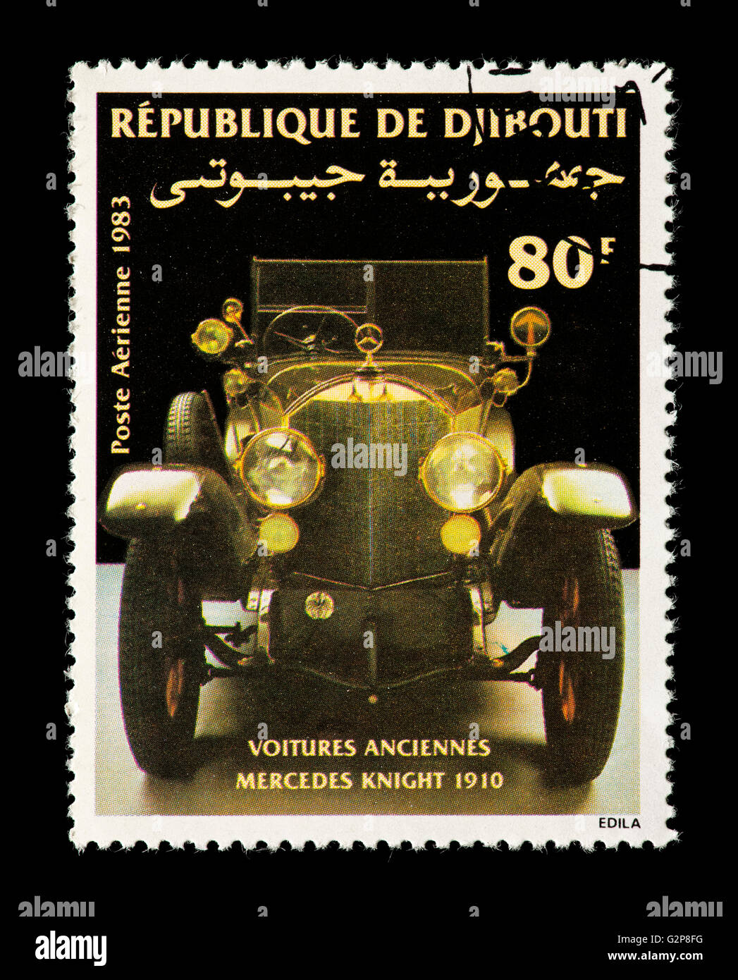Postage stamp from Djibouti depicting the front end of a Mercedes Knight automobile from 1910. Stock Photo