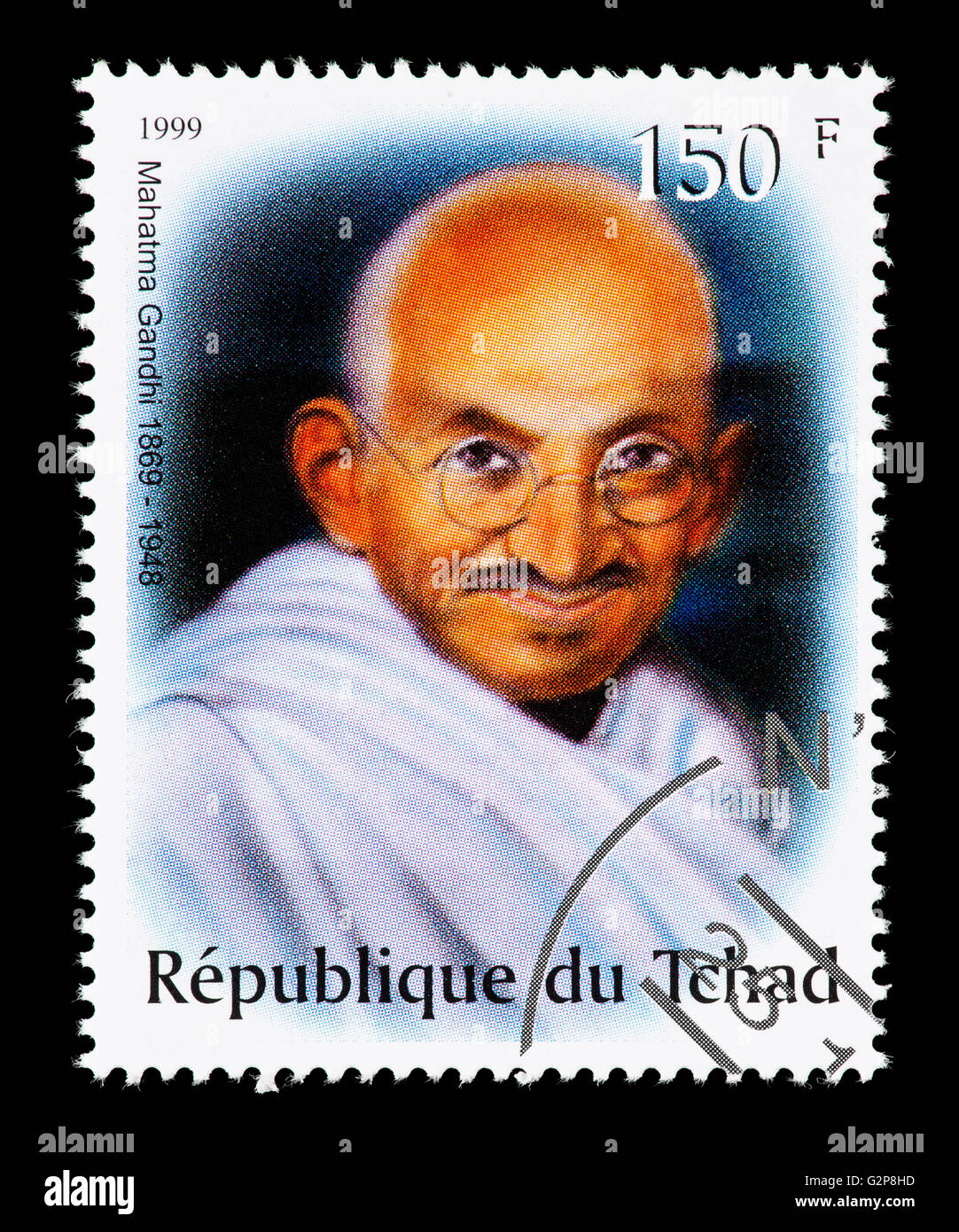 Postage stamp from Chad depicting Mohandas Karamchand Gandhi, Indian independence movement leader. Stock Photo