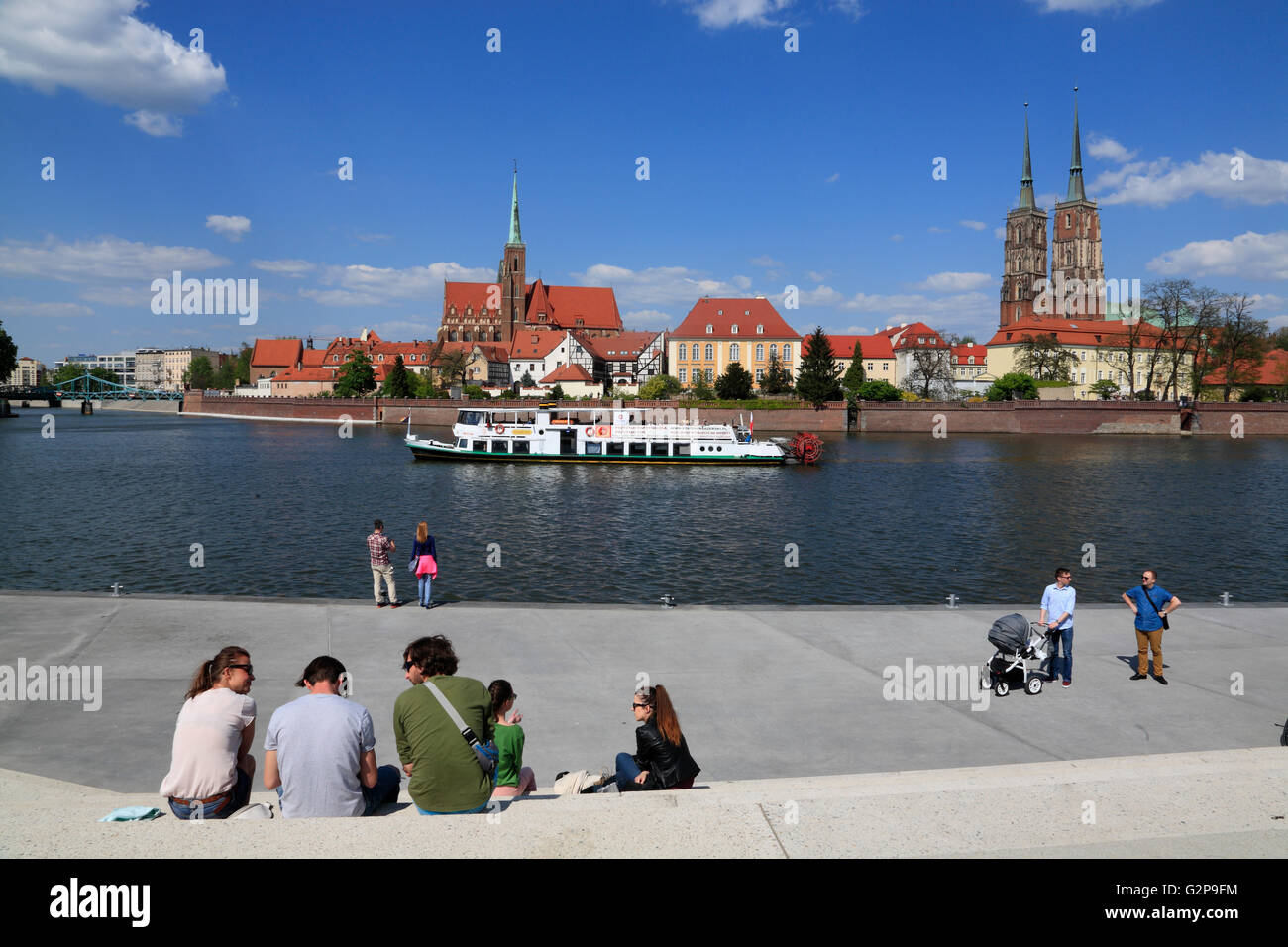 View from Promenade across river Odra to Cathedral island, Wroclaw, Silesia, Poland, Europe Stock Photo