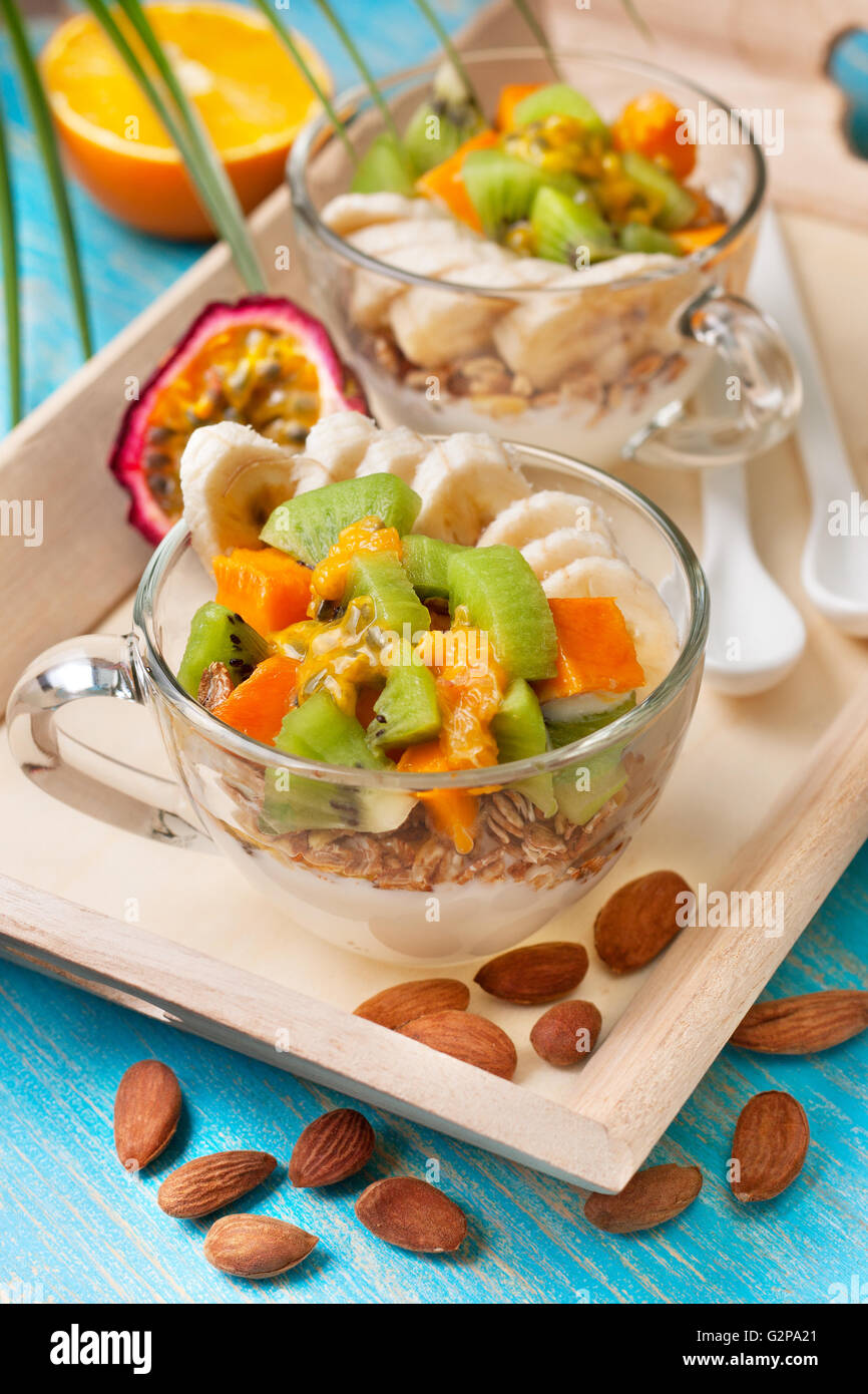 Dietary breakfast. Muesli, yoghurt, tropical fruits mango, kiwi