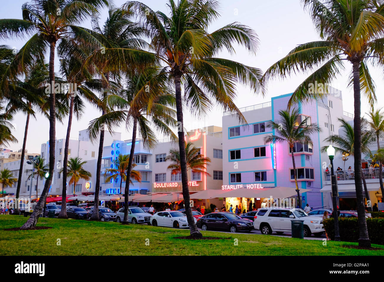Art deco hotels at night with neon lights along Ocean Drive in the Art Deco District of South Beach Miami Florida Stock Photo