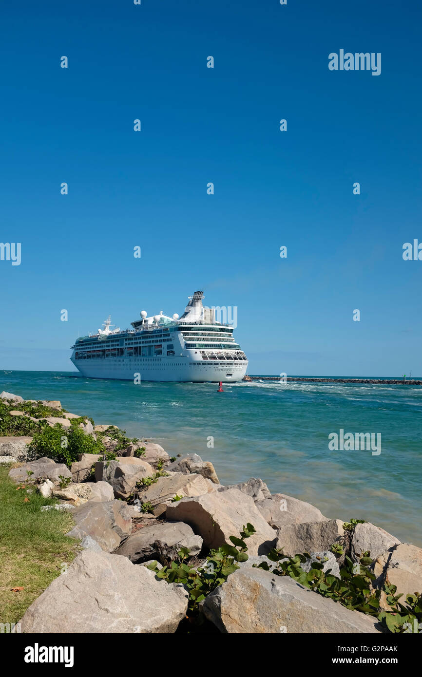 Cruise Ship Departing Miami from Government Cut. Stock Photo