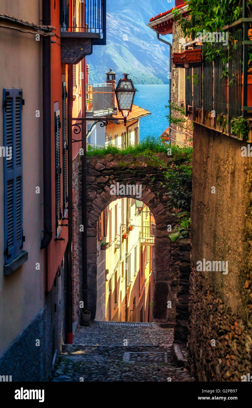 Cobblestone alley in Rezzonico (Lake Como) Stock Photo