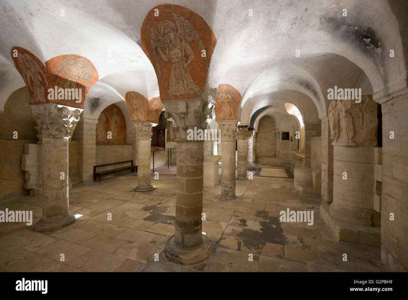 Crypt with 15th century frescoes of angel musicians, Notre-Dame cathedral, Bayeux, Normandy, France, Europe Stock Photo