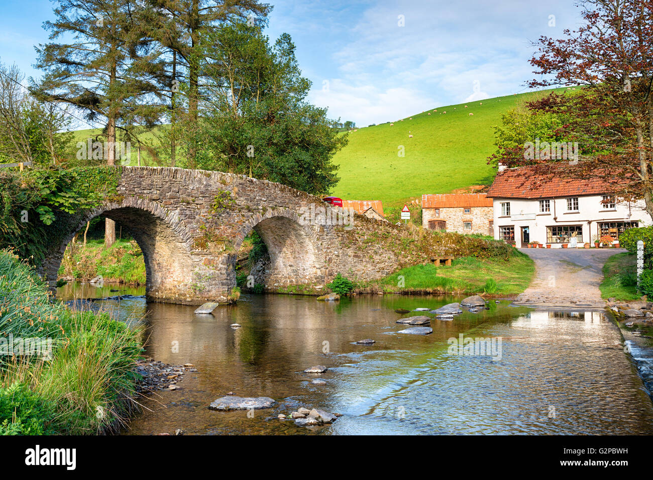 The bridge and ford at  Malmsmead in the Doone Valley directly on the border between Somerset and Devon and on Exmoor National P Stock Photo