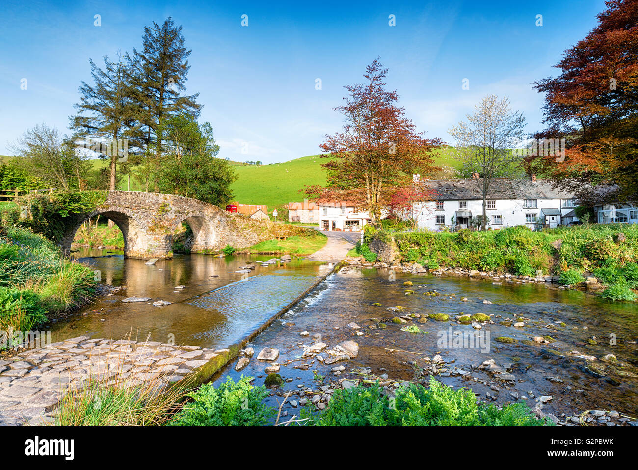 The bridge and ford at the picturesque hamlet of Malmsmead in the Doone Valley directly on the border between Somerset and Devon Stock Photo