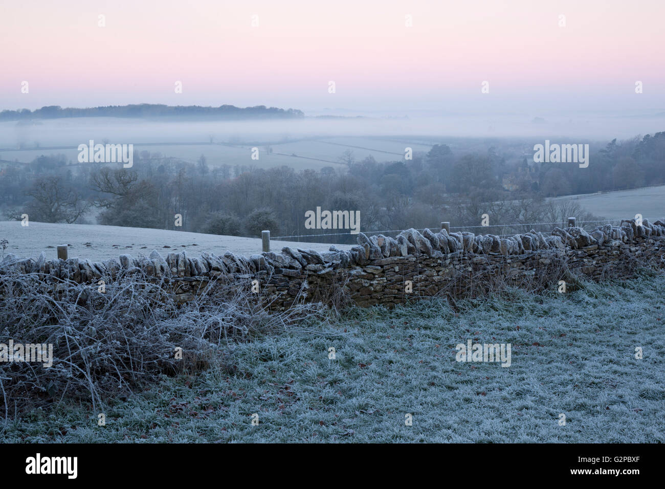 Frosty view from Stow hill to Upper Swell village, Stow-on-the-Wold, Cotswolds, Gloucestershire, England, United Kingdom, Europe Stock Photo