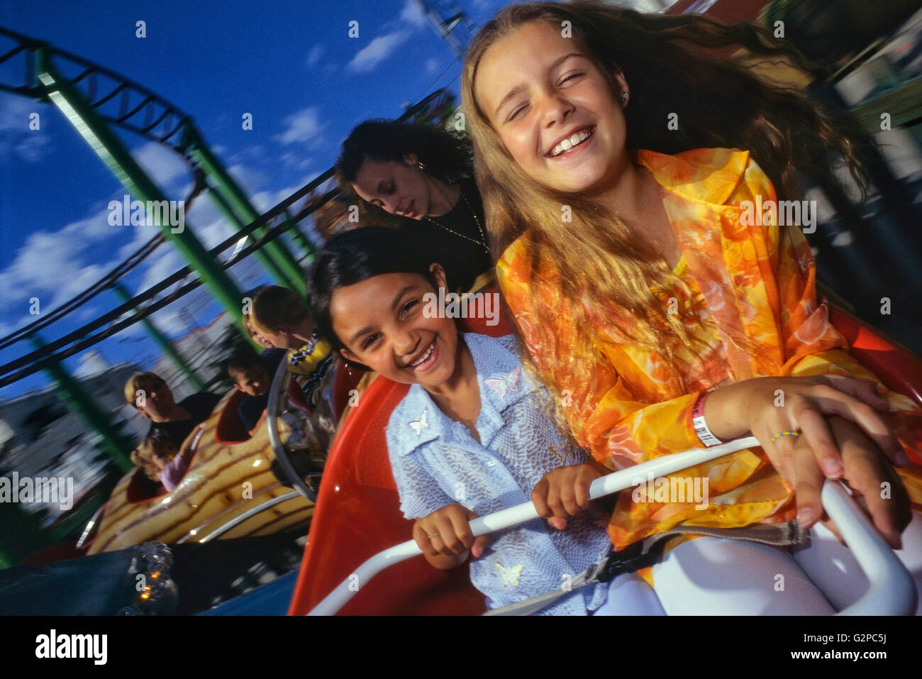 Youngsters on a roller coaster ride, Adventure Island. Southend-on-Sea. Essex. England. UK. Stock Photo