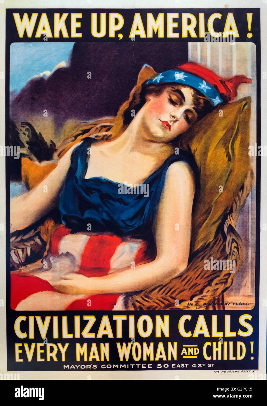 "Wake Up America! Civilization Calls Every Man Woman and Child!", US World War I propaganda poster urging Americans to wake up to the threat of war in Europe. Designed by James Montgomery Flagg, 1917 Stock Photo