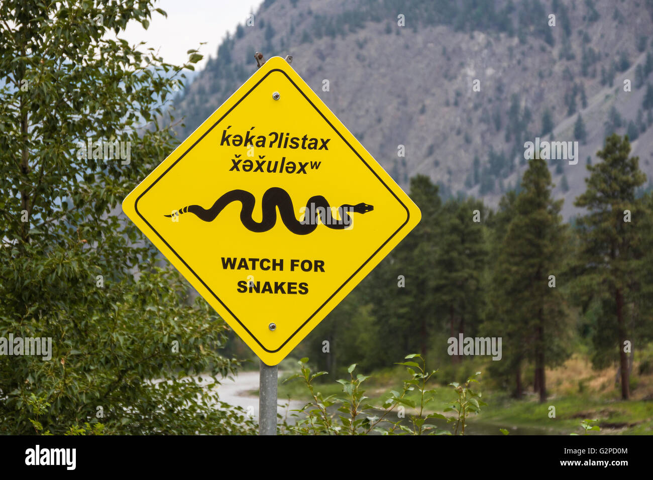 Dual language rattlesnake warning sign in English and Nsyilxcen, the
