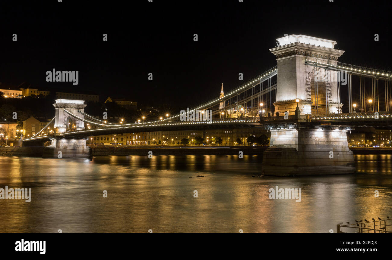 Chain Bridge at night in Budapest, Hungary. Stock Photo