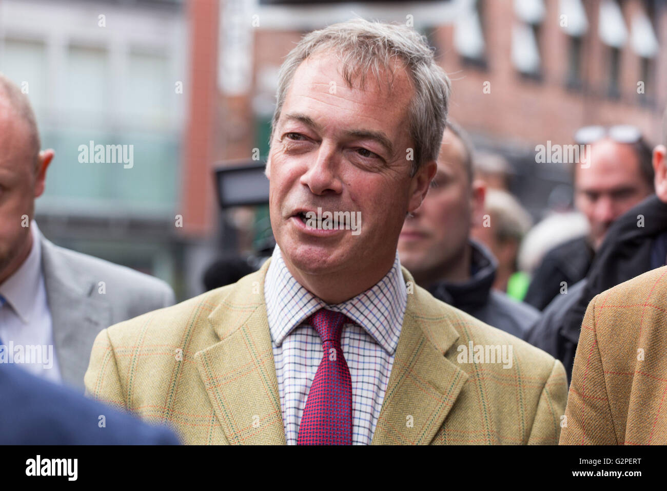 Leeds, West Yorkshire. 1 June 2016. Leader of the UKIP Party and MEP Nigel Farage, pictured in Leeds today as part of the Brexit Bus Tour campaign, West Yorkshire, on 1 June 2016. Credit:  Harry Whitehead/Alamy Live News Stock Photo