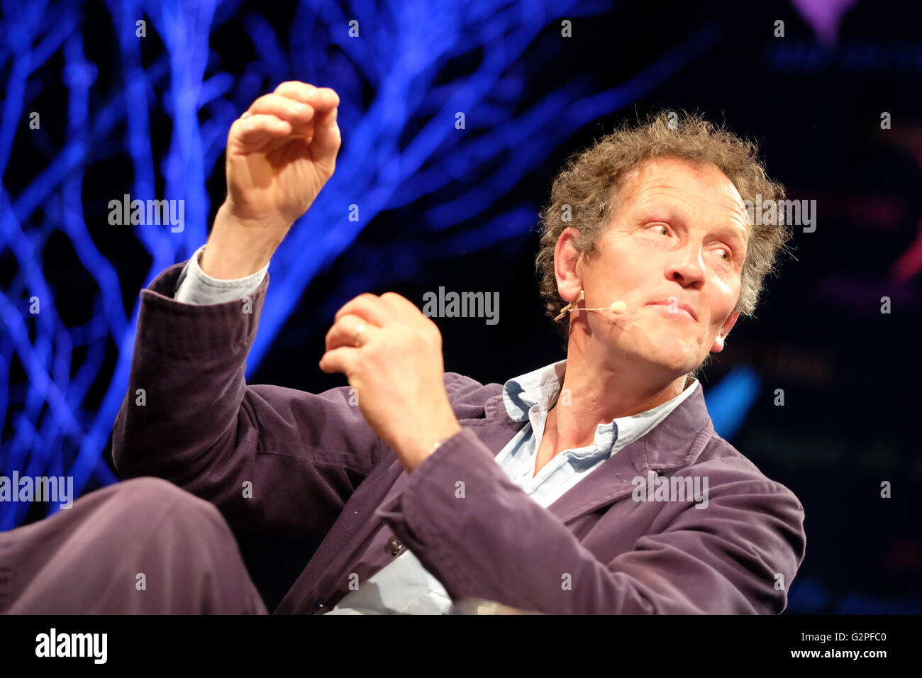 Hay Festival, Wales, UK - June 2016 -  Author and gardener Monty Don on stage talking about Eighteenth Century Gardens and the Landscape Movement. Stock Photo