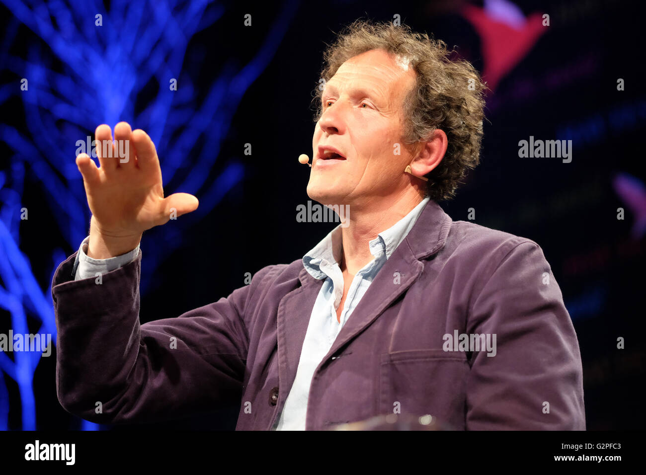 Hay Festival, Wales, UK - June 2016 -  Author and gardener Monty Don on stage talking about Eighteenth Century Gardens and the Landscape Movement. Stock Photo