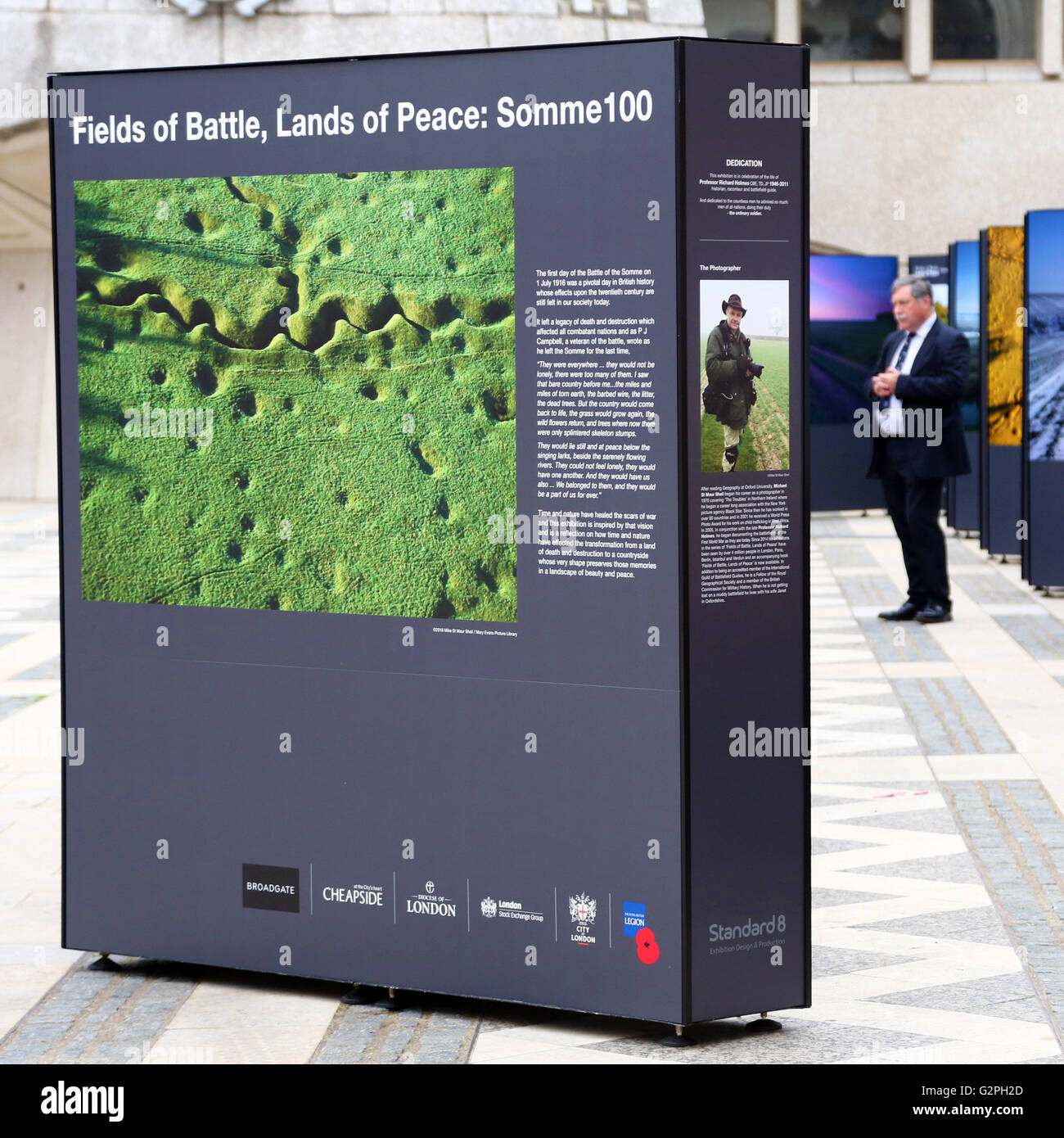 London, UK. 1st June 2016. Launch of the Fields of Battle, Lands of Peace Somme 100 outdoor exhibition by Michael St Maur Sheil, Guildhall Yard, London commemorating the centenary of the Battle of the Somme during World War One. The exhibition, sponsored by the Royal British Legion, records the battlefields of the Somme as they are today showing how peace has changed the landscape which was witness to one of the bloodiest battes in history. Credit:  Paul Brown/Alamy Live News Stock Photo