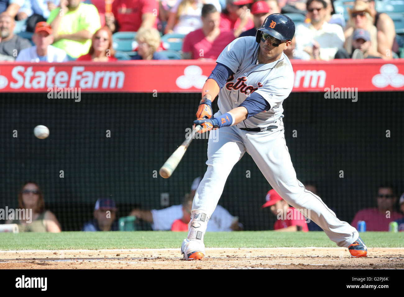 June 1, 2016: Detroit Tigers designated hitter Victor Martinez #41 slaps a shot to left in the game between the Detroit Tigers and Los Angeles Angels of Anaheim, Angel Stadium in Anaheim, CA, Photographer: Peter Joneleit Stock Photo