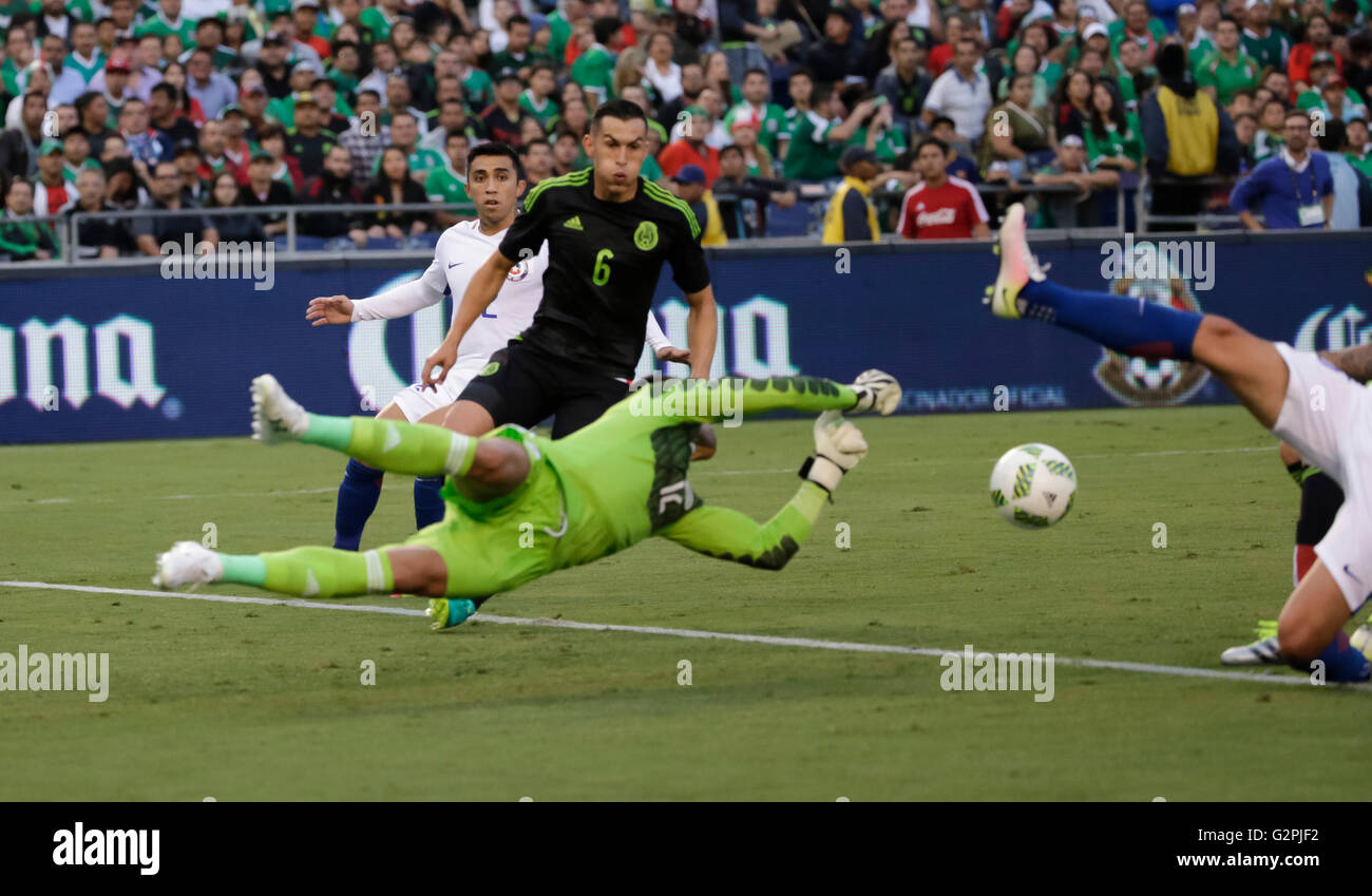 San Diego, California, USA. 01st June, 2016. Mexican Goalkeeper #12 Alfredo Talavera comes off his line to punch away a shot during an international soccer match between Mexico and Chile at Qualcomm Stadium in San Diego, California. Justin Cooper/CSM/Alamy Live News Stock Photo