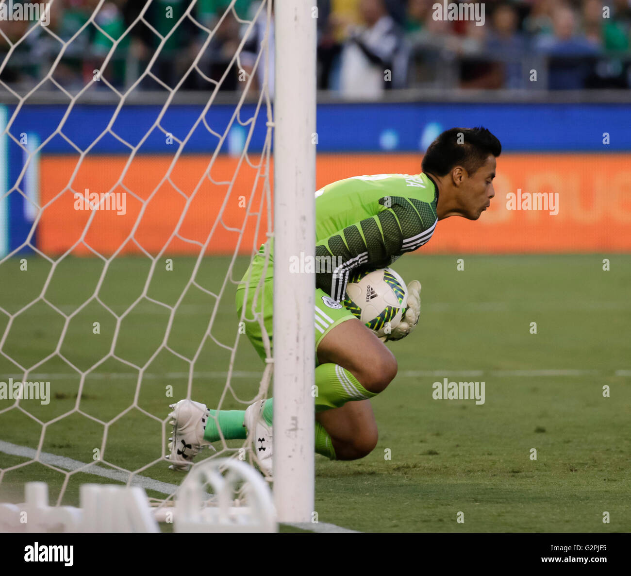 San Diego, California, USA. 01st June, 2016. Mexican Goalkeeper #12 Alfredo Talavera stops a shot with his body during an international soccer match between Mexico and Chile at Qualcomm Stadium in San Diego, California. Justin Cooper/CSM/Alamy Live News Stock Photo