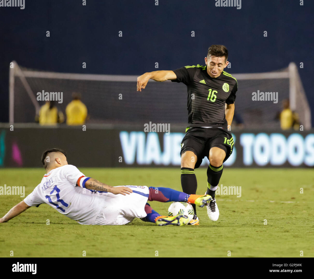 San Diego, California, USA. 01st June, 2016. Chilean #17 Gary Medel takes the ball away from Mexican Midfielder #16 Hector Herrera during an international soccer match between Mexico and Chile at Qualcomm Stadium in San Diego, California. Mexico defeats Chile 1-0. Justin Cooper/CSM/Alamy Live News Stock Photo