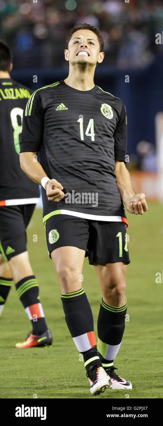 San Diego, California, USA. 01st June, 2016. Mexican Forward #14 Javier ''Chicharito'' Hernandez celebrates his goal during an international soccer match between Mexico and Chile at Qualcomm Stadium in San Diego, California. Mexico defeats Chile 1-0. Justin Cooper/CSM/Alamy Live News Stock Photo