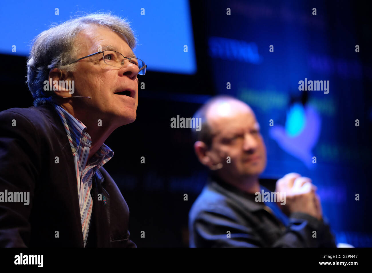 Hay Festival, Wales, UK - Thursday 2nd June 2016 -  Professor Henry Shue talks about his latest book Fighting Hurt - Rule and Exception in Torture and War alongside host Philippe Sands. Stock Photo