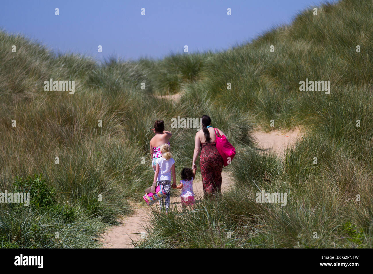 Sunny day at Ainsdale seaside sand dunes with Marram grass a landscape of the National Nature Coastal Reserve, Sefton coast, Southport, Merseyside, UK Stock Photo