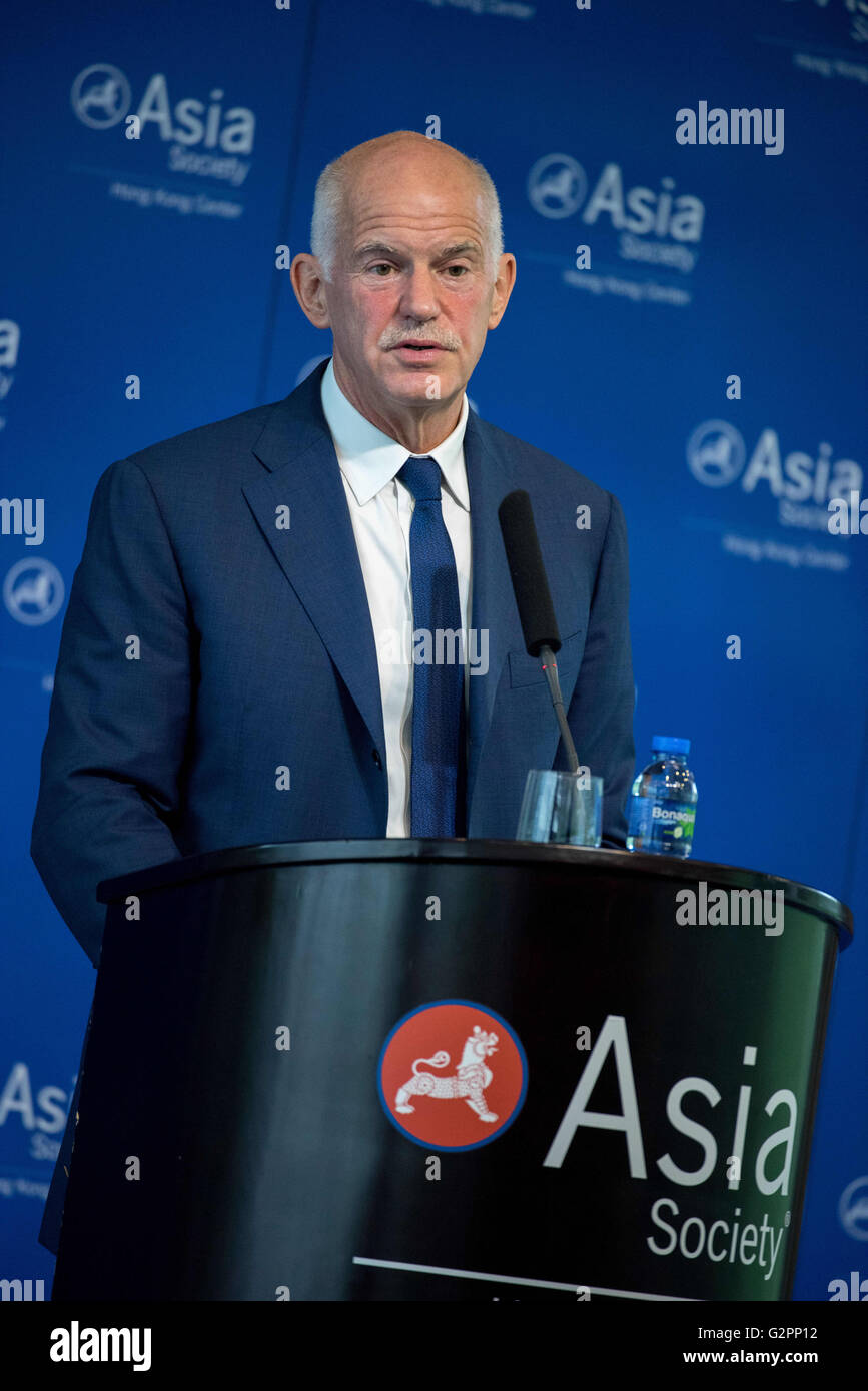 Hong Kong, China. 2nd June, 2016. George Papandreou gives a speech at the Asia Society of Hong Kong on Brexit. Papandreou served as the Prime Minister of Greece between 2009 and 2011, at the height of the Greek government debt crisis. He represented the Panhellenic Socialist Movement or PASOK. The European financial crisis and the refugee crisis that followed have played into the hands of Euro skeptics. Britain faces a national referendum on June 23 on whether to leave or remain in the European Union, which splits Britons and Europeans alike. © ZUMA Press, Inc./Alamy Live News Stock Photo