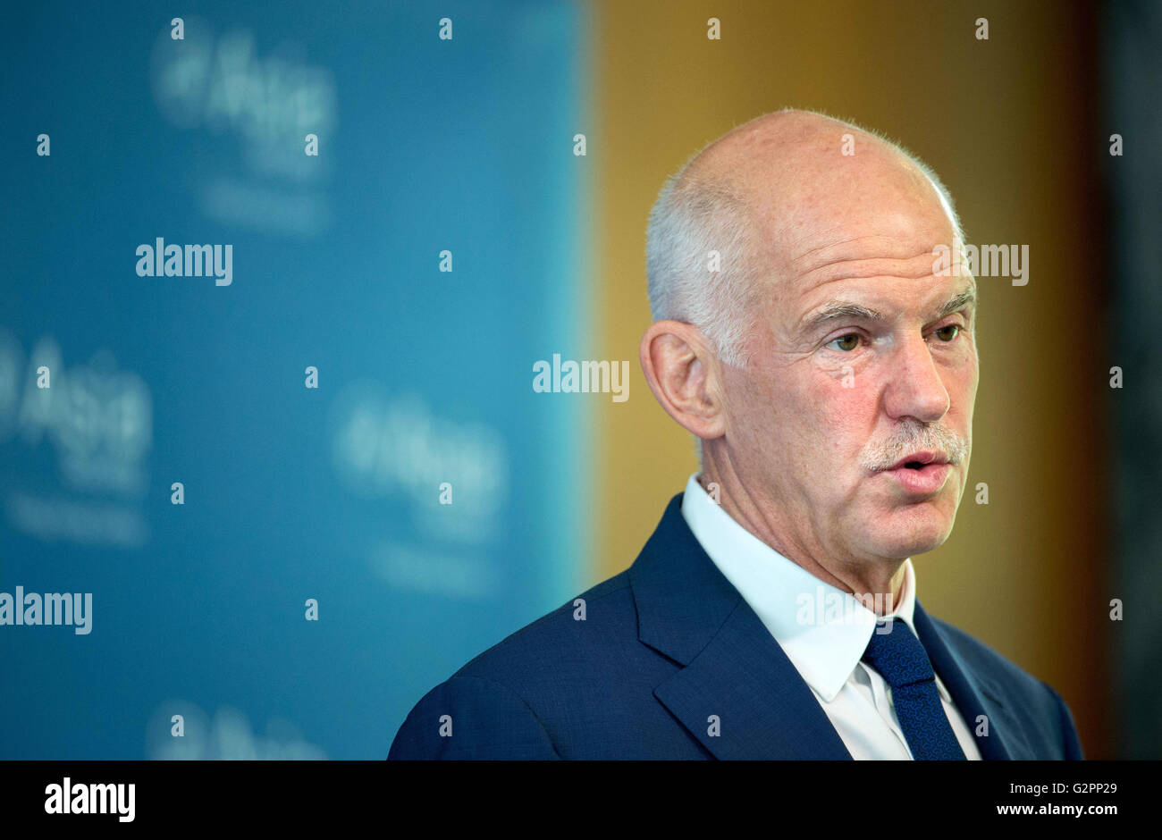 Hong Kong, China. 2nd June, 2016. George Papandreou gives a speech at the Asia Society of Hong Kong on Brexit. Papandreou served as the Prime Minister of Greece between 2009 and 2011, at the height of the Greek government debt crisis. He represented the Panhellenic Socialist Movement or PASOK. The European financial crisis and the refugee crisis that followed have played into the hands of Euro skeptics. Britain faces a national referendum on June 23 on whether to leave or remain in the European Union, which splits Britons and Europeans alike. © ZUMA Press, Inc./Alamy Live News Stock Photo