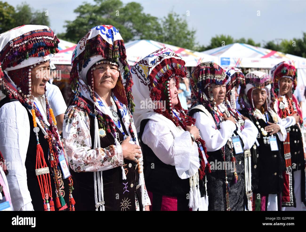 Osh. 2nd June, 2016. Women attend the first international ethnic art