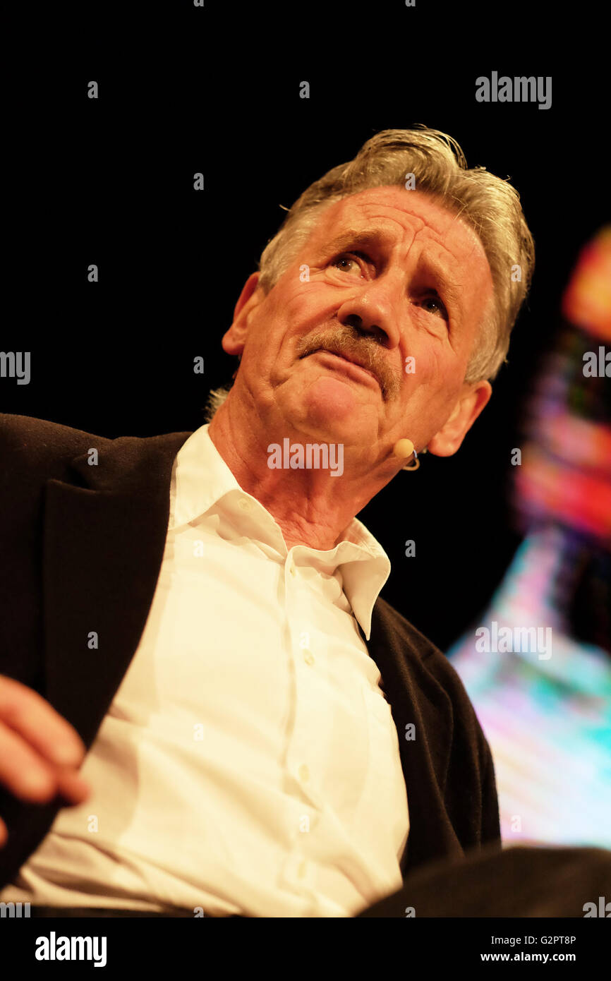 Hay Festival, Wales, UK - Thursday 2nd June 2016 -  Michael Palin the treasured actor, writer, traveller and diarist on stage talking about his life and work. He is currently growing a moustache for acting roles later in 2016. Stock Photo