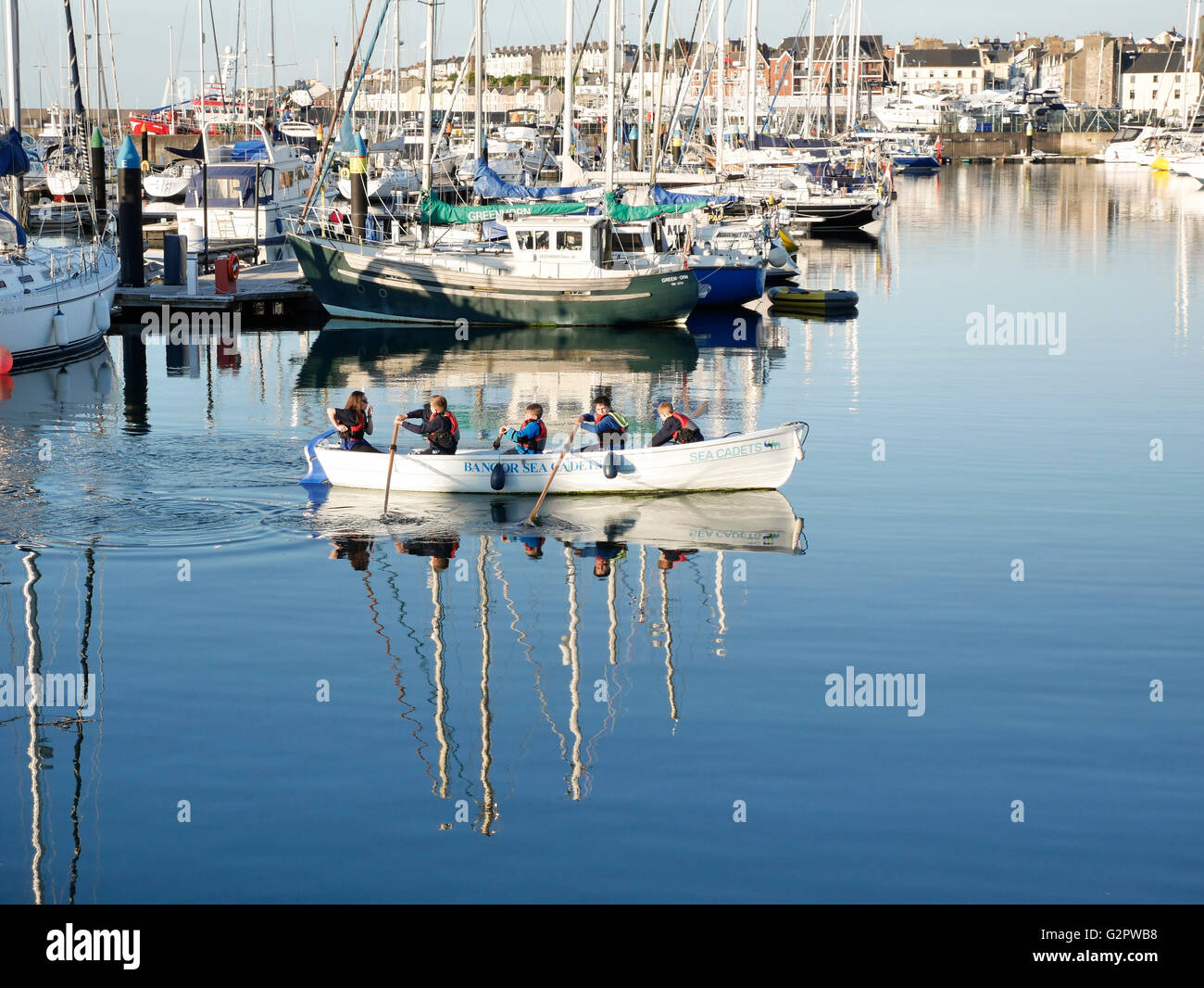 Bangor, Northern Ireland, UK, 2nd June 2016. UK weather: After another day of constant sunshine, Sea Cadets enjoy training in the evening sun in Bangor Marina. Credit:  J Orr/Alamy Live News Stock Photo