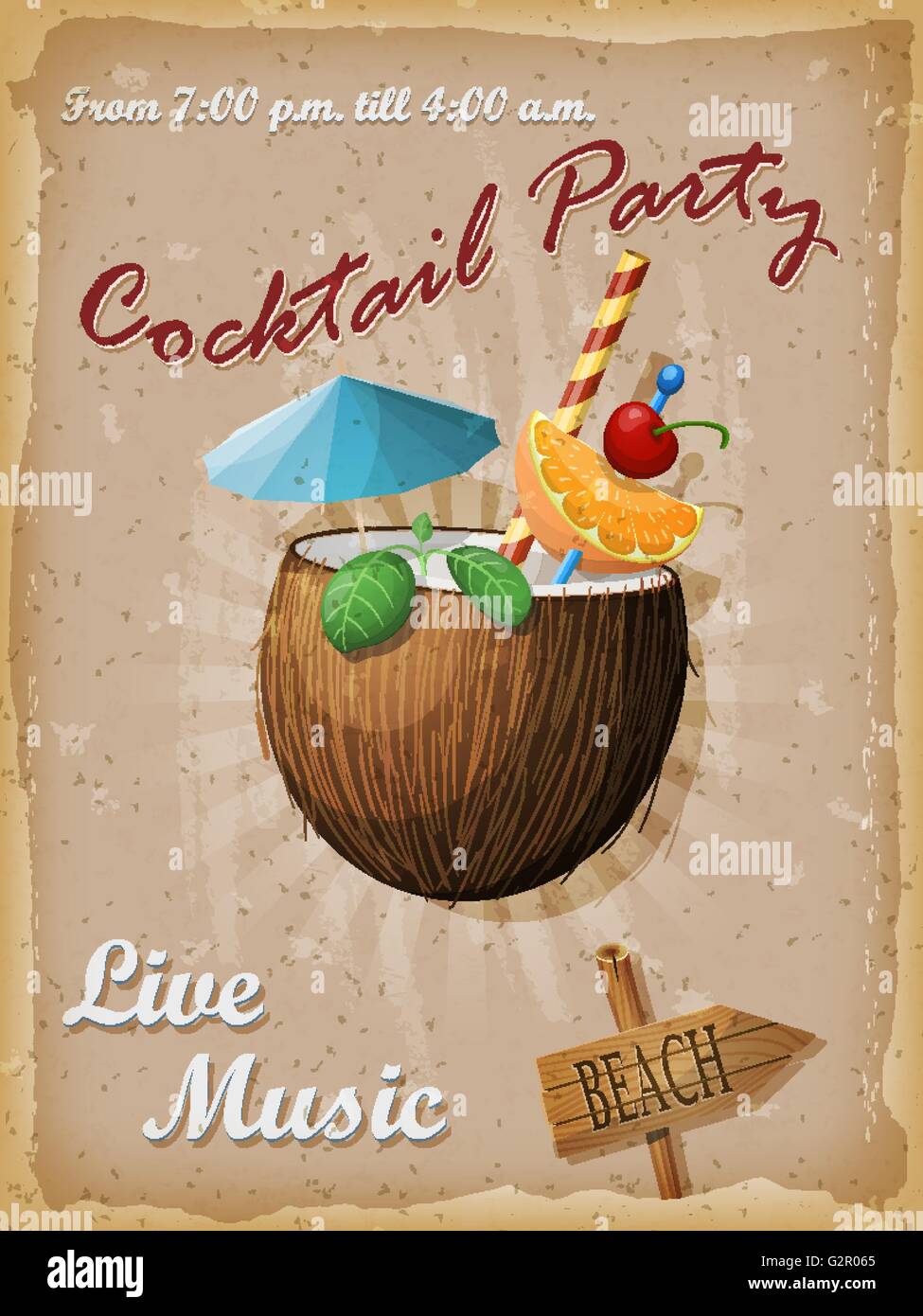 Cocktail Party Vintage Poster Coconut Cocktail Vector Illustration Stock Vector Image Art Alamy