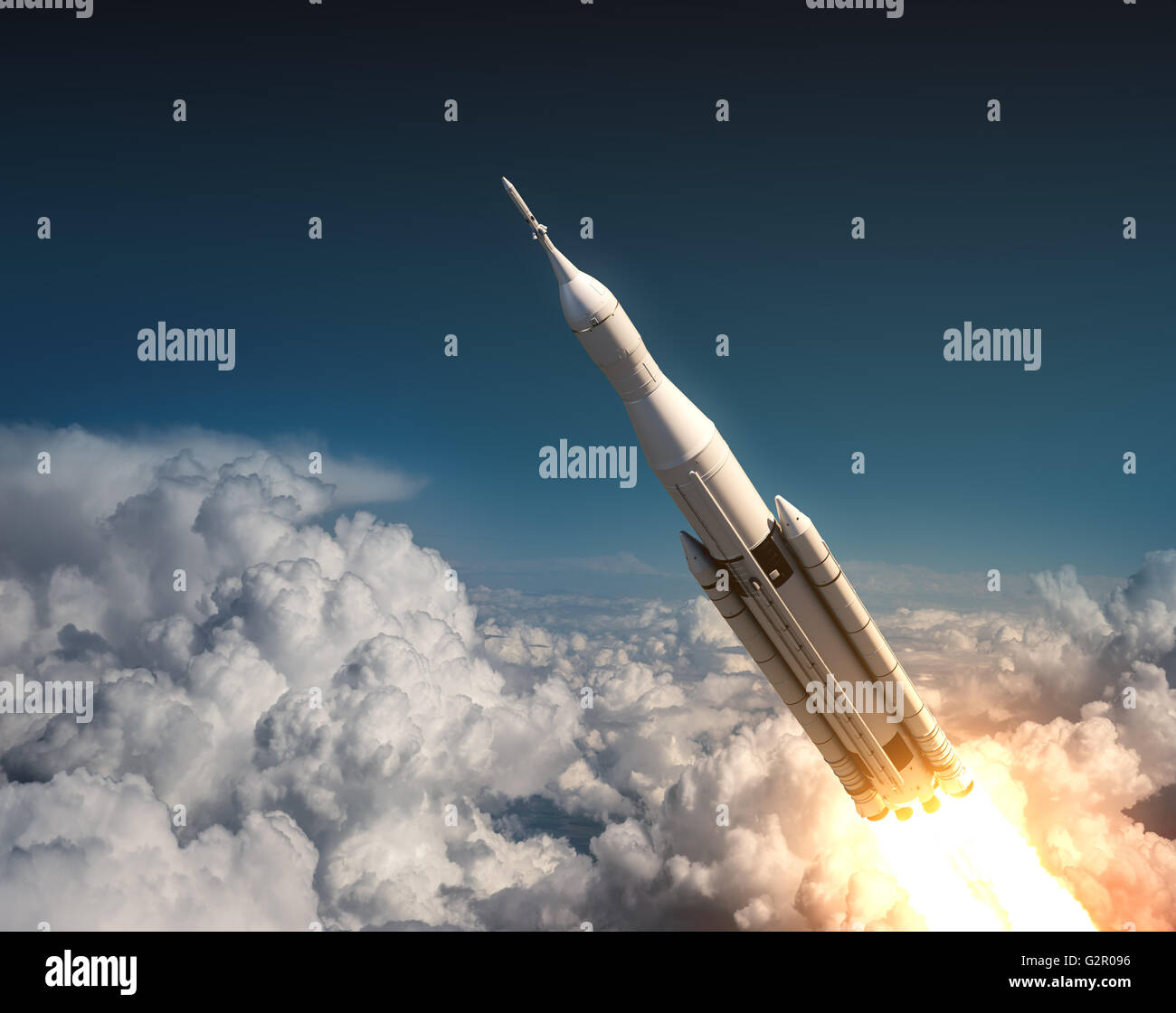 Space Launch System Flying In The Clouds Stock Photo