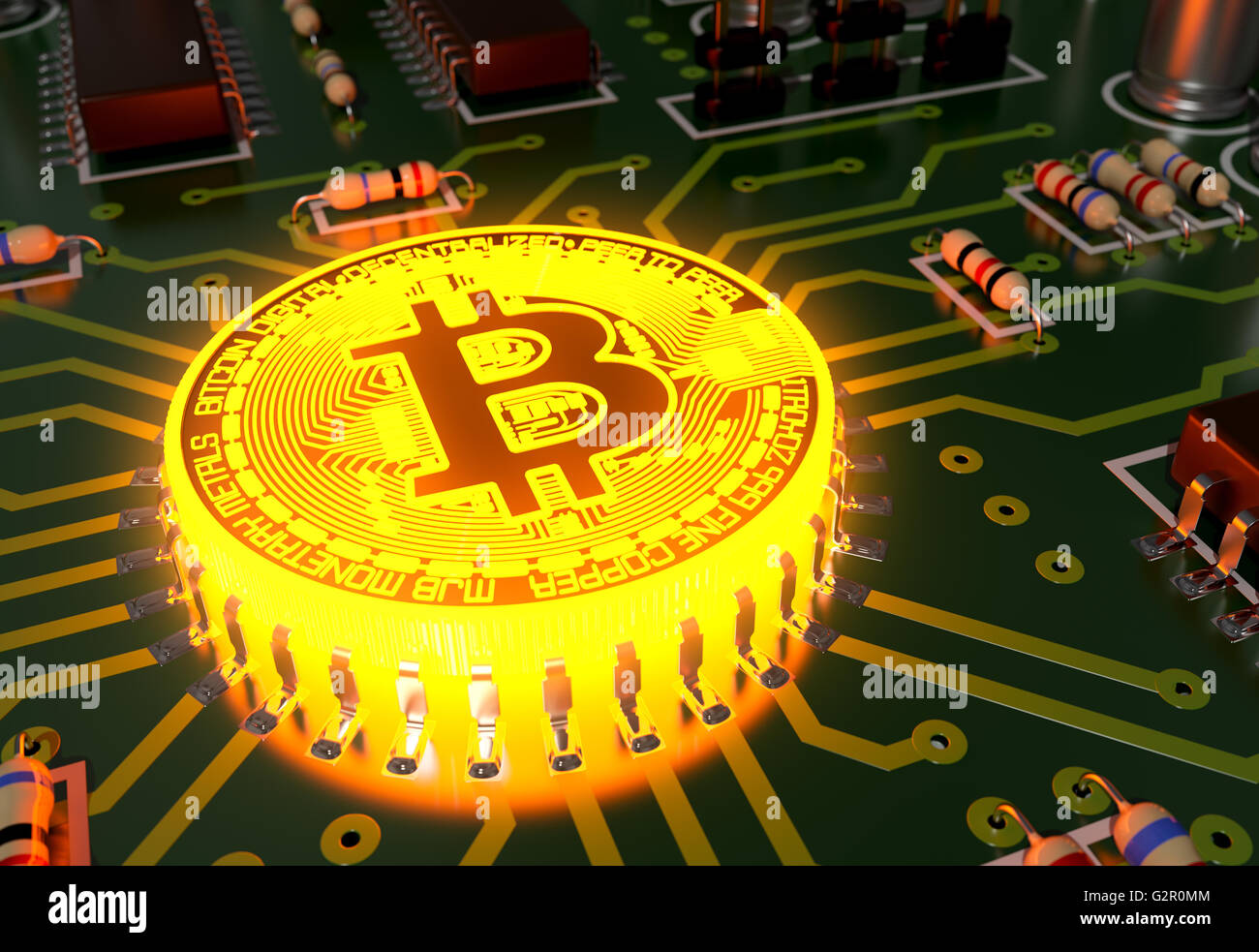 Concept Of Bitcoin Like A Incandescent Processor On Motherboard Stock Photo