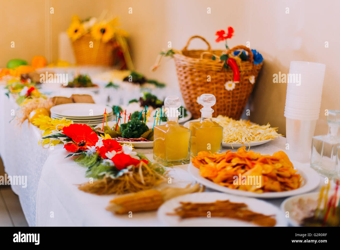 Luxury Served Catering Table Of Different Salty Snacks With Fancy