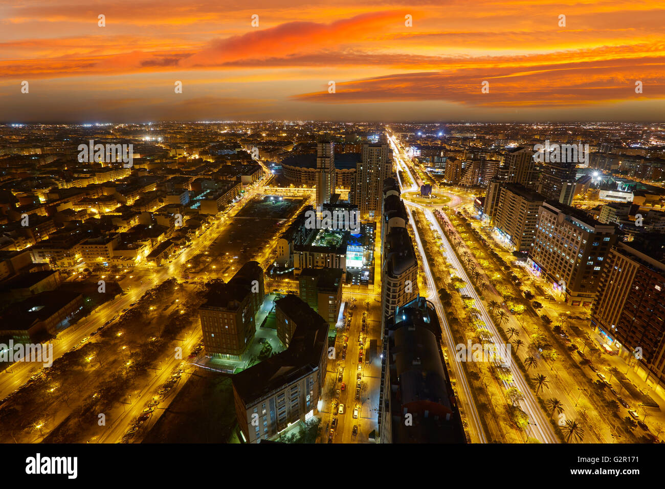 Valencia City Skyline At Sunset Lights Aerial In Spain Stock Photo - Alamy