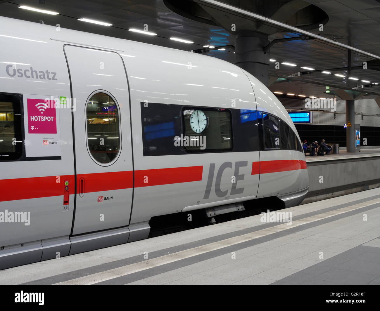 An Inter City Express (ICE) train waiting at platform in Hauptbahnhof Railway Station, Berlin City, Berlin, Germany, Europe Stock Photo