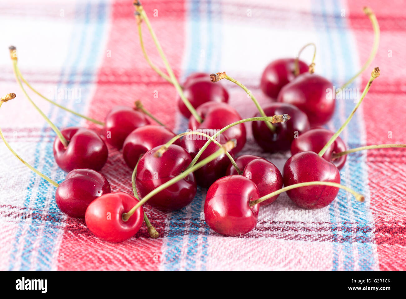 Sweet cherries group  on rustic tablecloth Stock Photo
