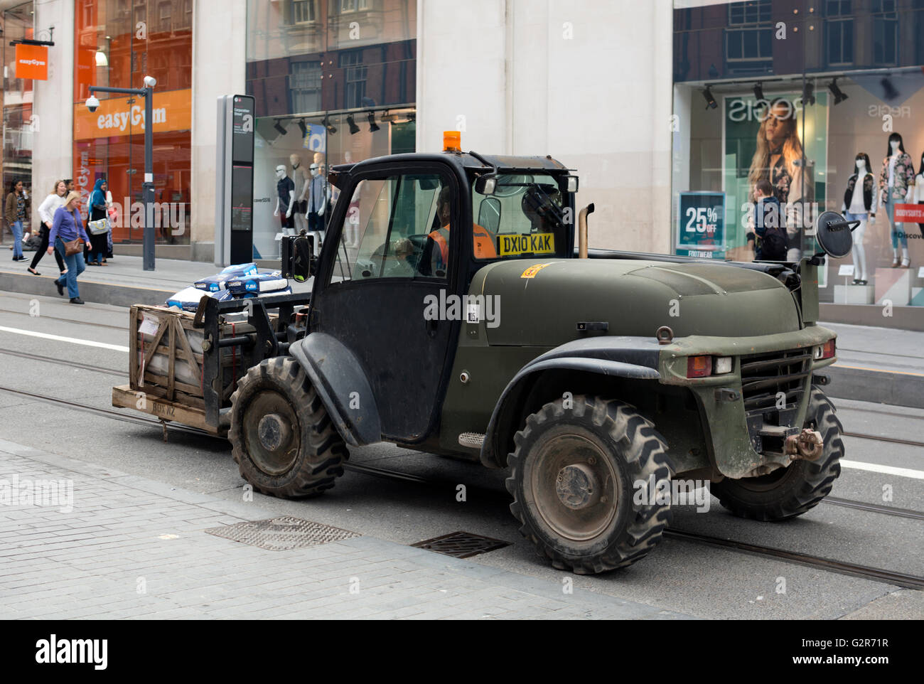 JCB fork lift truck in Birmingham city centre, UK Stock Photo Alamy