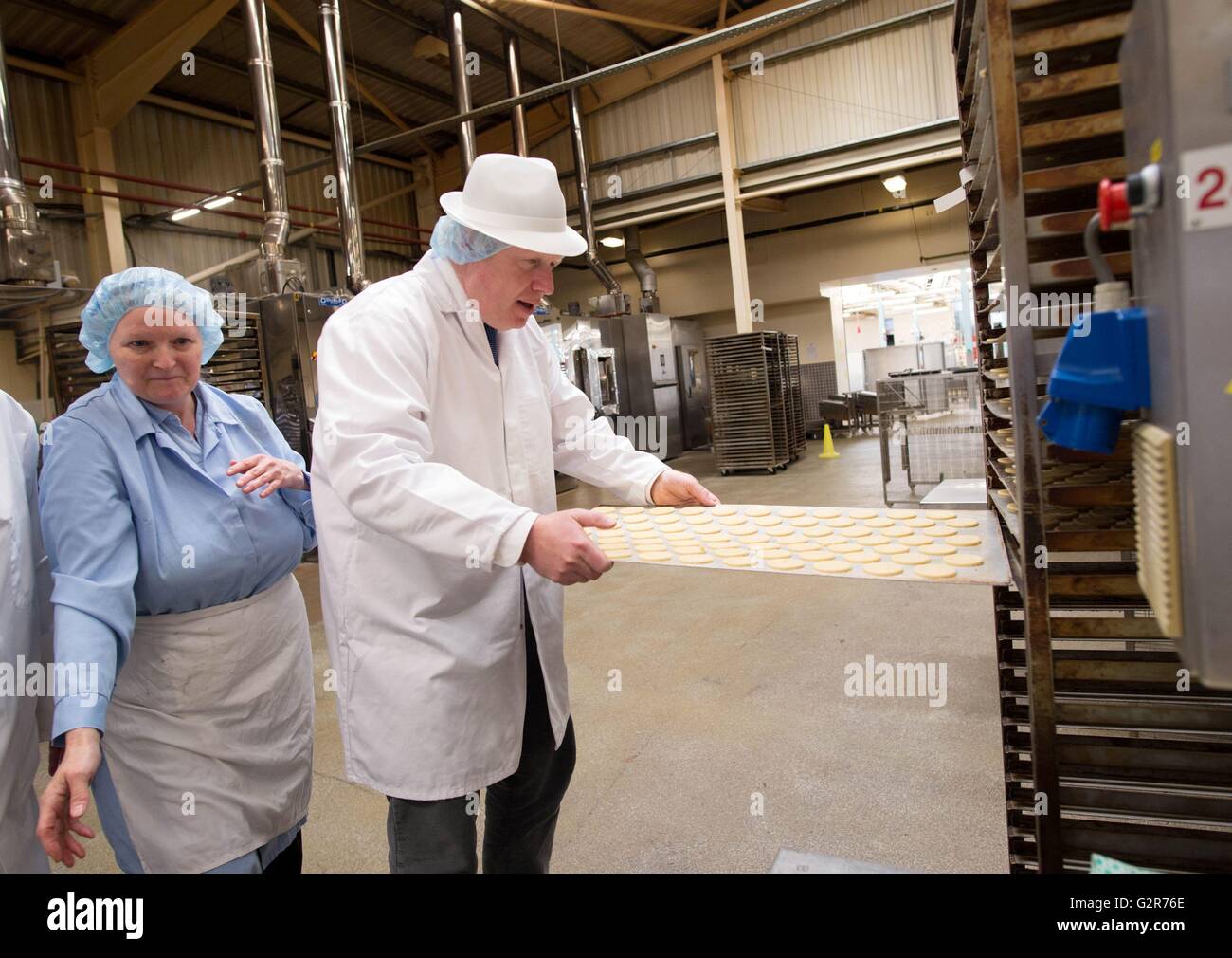 Boris Johnson during a visit to Farmhouse Biscuits in Nelson, Lancashire, where he along with Priti Patel and Michael Gove were campaigning on behalf of the Vote Leave EU referendum campaign. Stock Photo