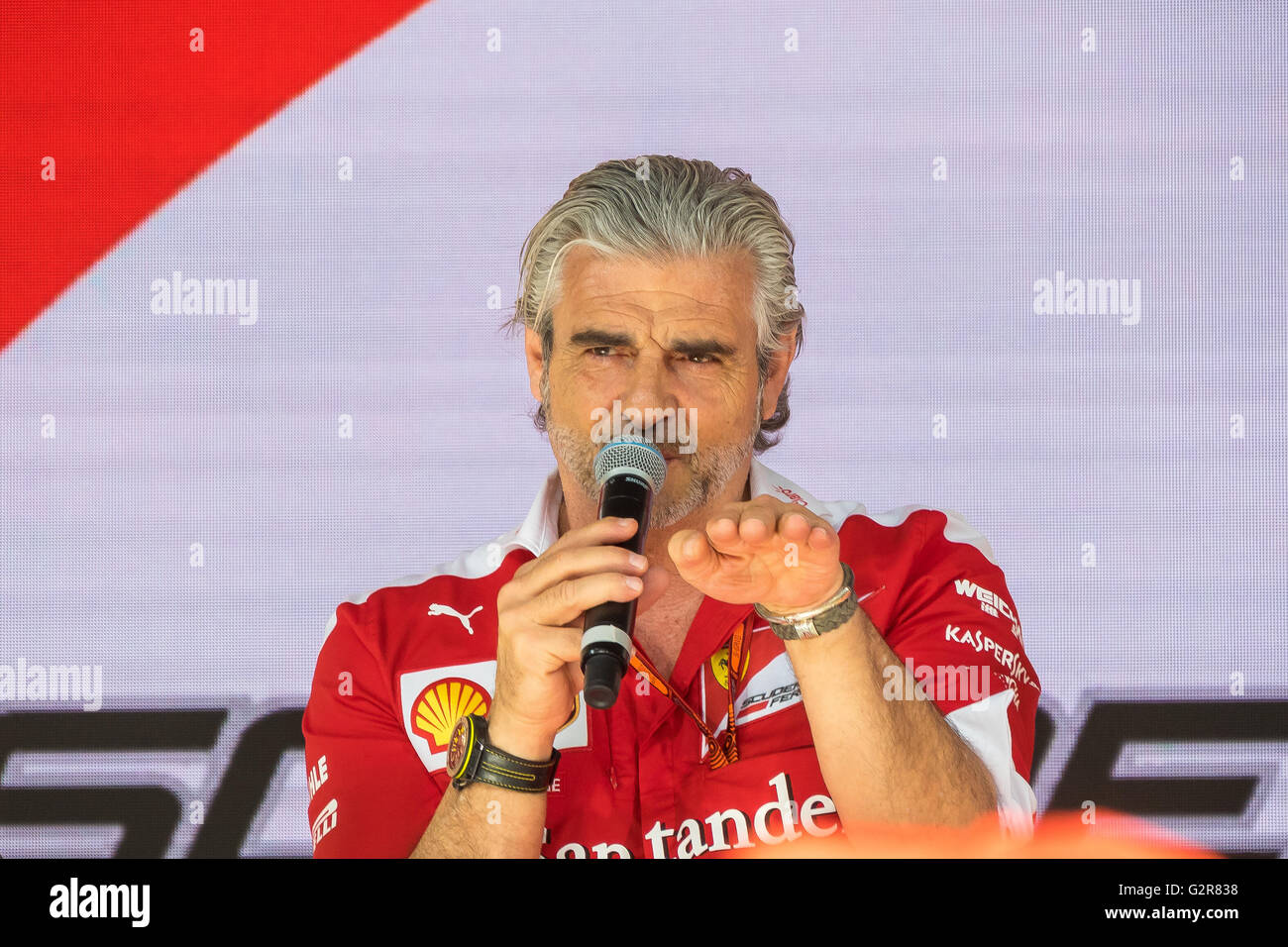 Monaco, France, May 27th 2016: Maurizio Arrivabene, team principal of Ferrari Formula One team, interviewed during talk show Stock Photo