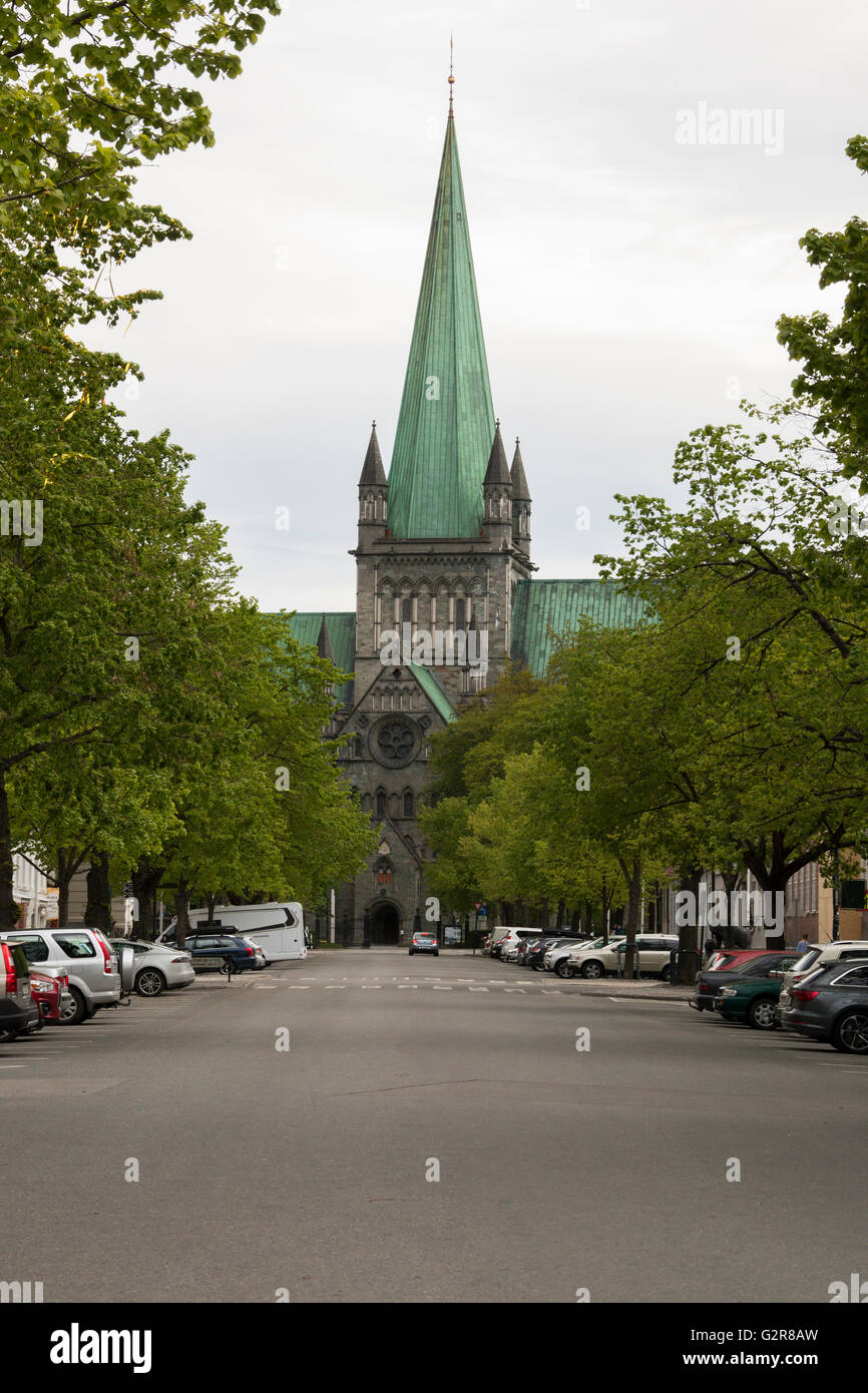 Street leading to Nidaros Cathedral. Trondheim, Norway Stock Photo