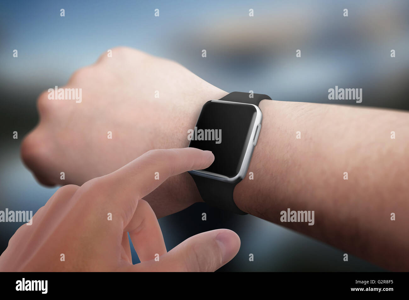 Smart watch on hand with blank screen for mockup. Stock Photo