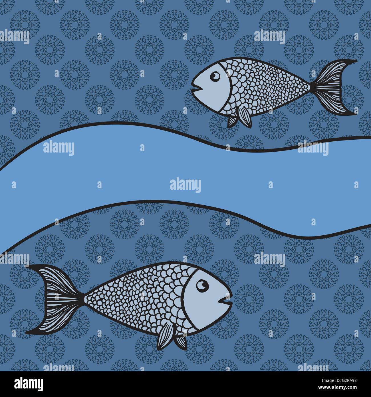 Print with two cartoon fishes and blank banner Stock Vector