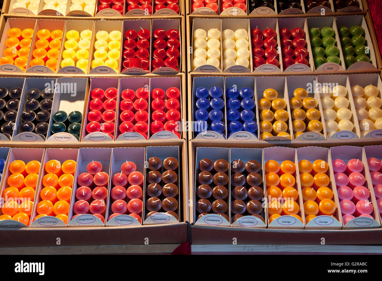 Scented candles on sale at a Christmas market, market stall, Hattingen, Ruhr district, North