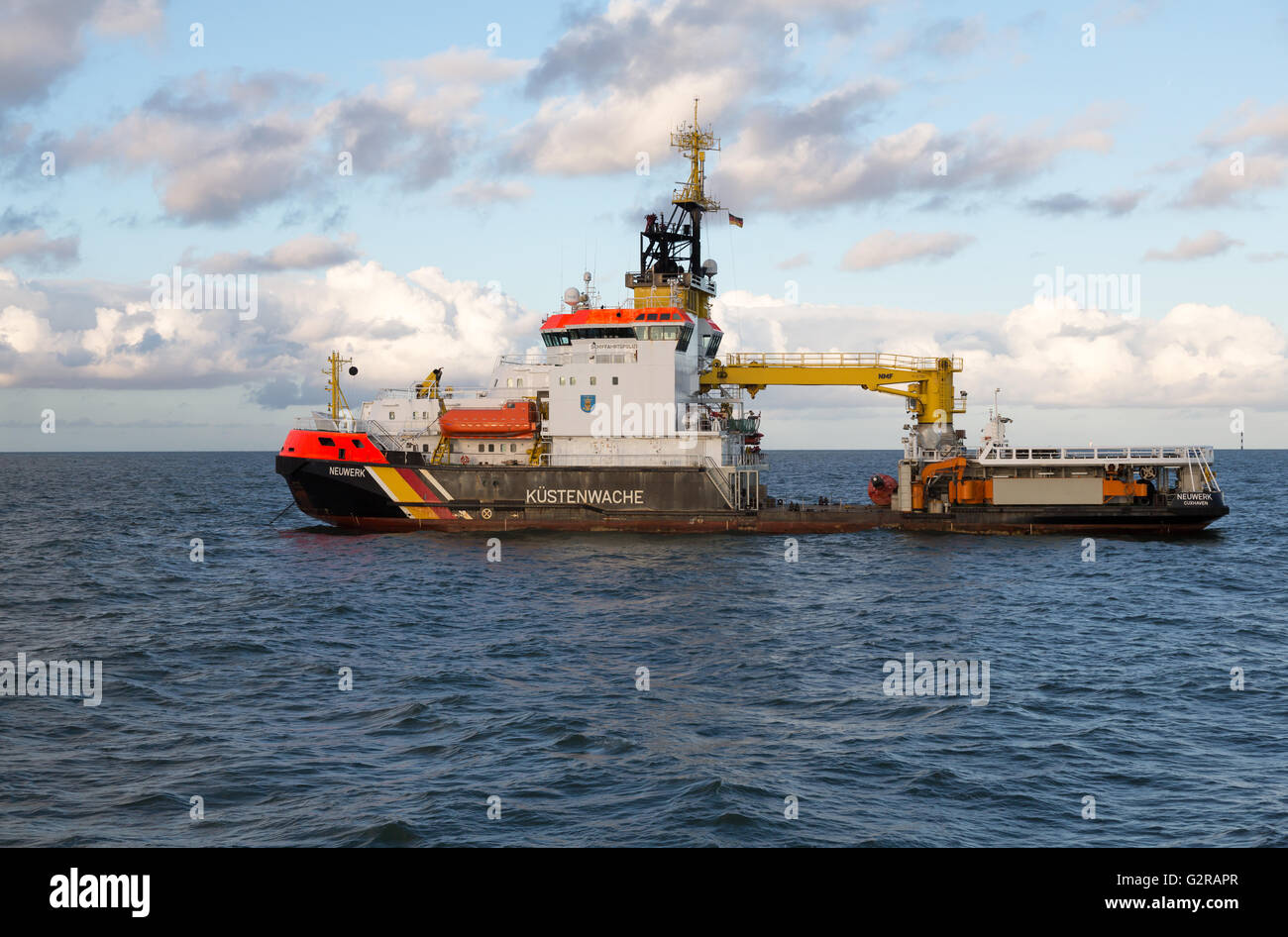 20.09.2015, Neuwerk, Hamburg, Germany - Ship of Coastguard at the island Neuwerk in the German Bight. / Ship of the German coast guard by the Iceland Neuwerk in the German Bay. 00A150920D311CAROEX.JPG - NOT for SALE in G E R M A N Y, A U S T R I A, S W I T Z E R L A N D [MODEL RELEASE: NOT APPLICABLE, PROPERTY RELEASE: NO, (c) caro photo agency / Bastian, http://www.caro-images.com, info@carofoto.pl - Any use of this picture is subject to royalty!] Stock Photo