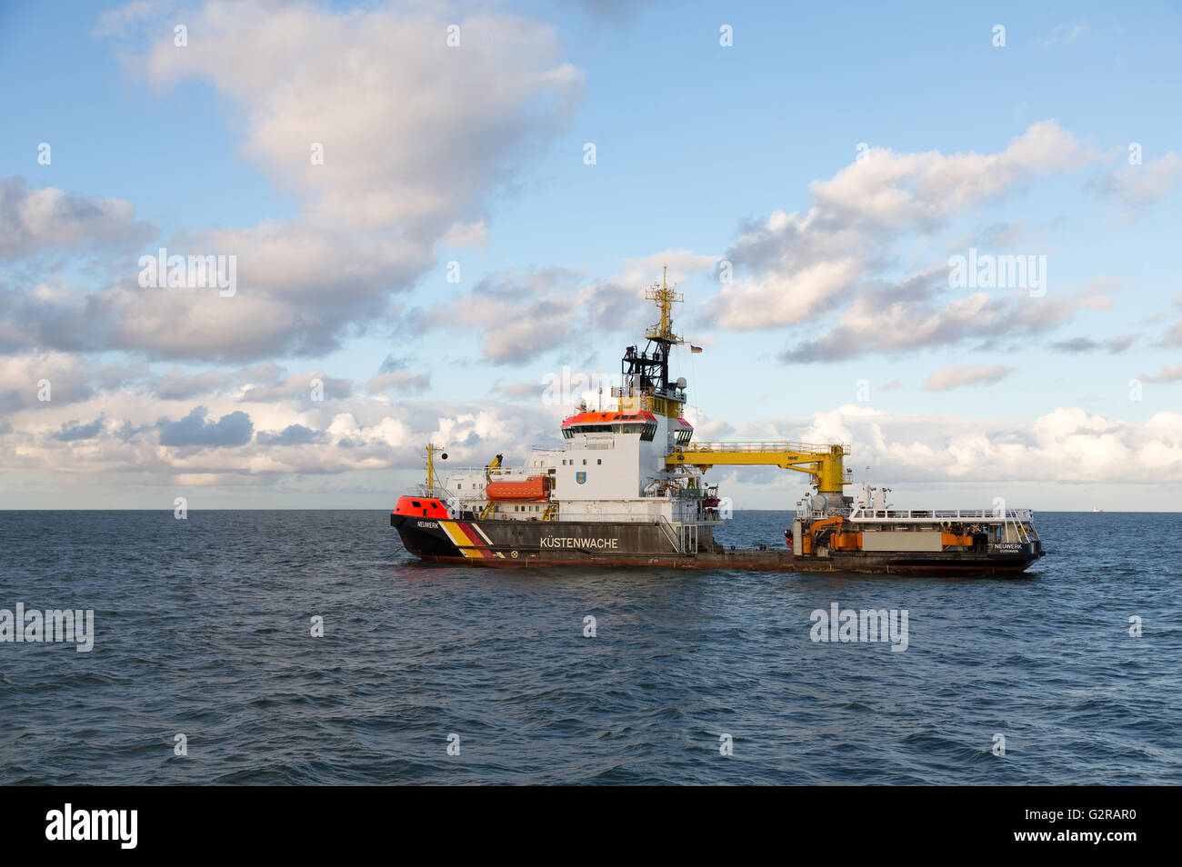 20.09.2015, Neuwerk, Hamburg, Germany - Ship of Coastguard at the island Neuwerk in the German Bight. / Ship of the German coast guard by the Iceland Neuwerk in the German Bay. 00A150920D312CAROEX.JPG - NOT for SALE in G E R M A N Y, A U S T R I A, S W I T Z E R L A N D [MODEL RELEASE: NOT APPLICABLE, PROPERTY RELEASE: NO, (c) caro photo agency / Bastian, http://www.caro-images.com, info@carofoto.pl - Any use of this picture is subject to royalty!] Stock Photo