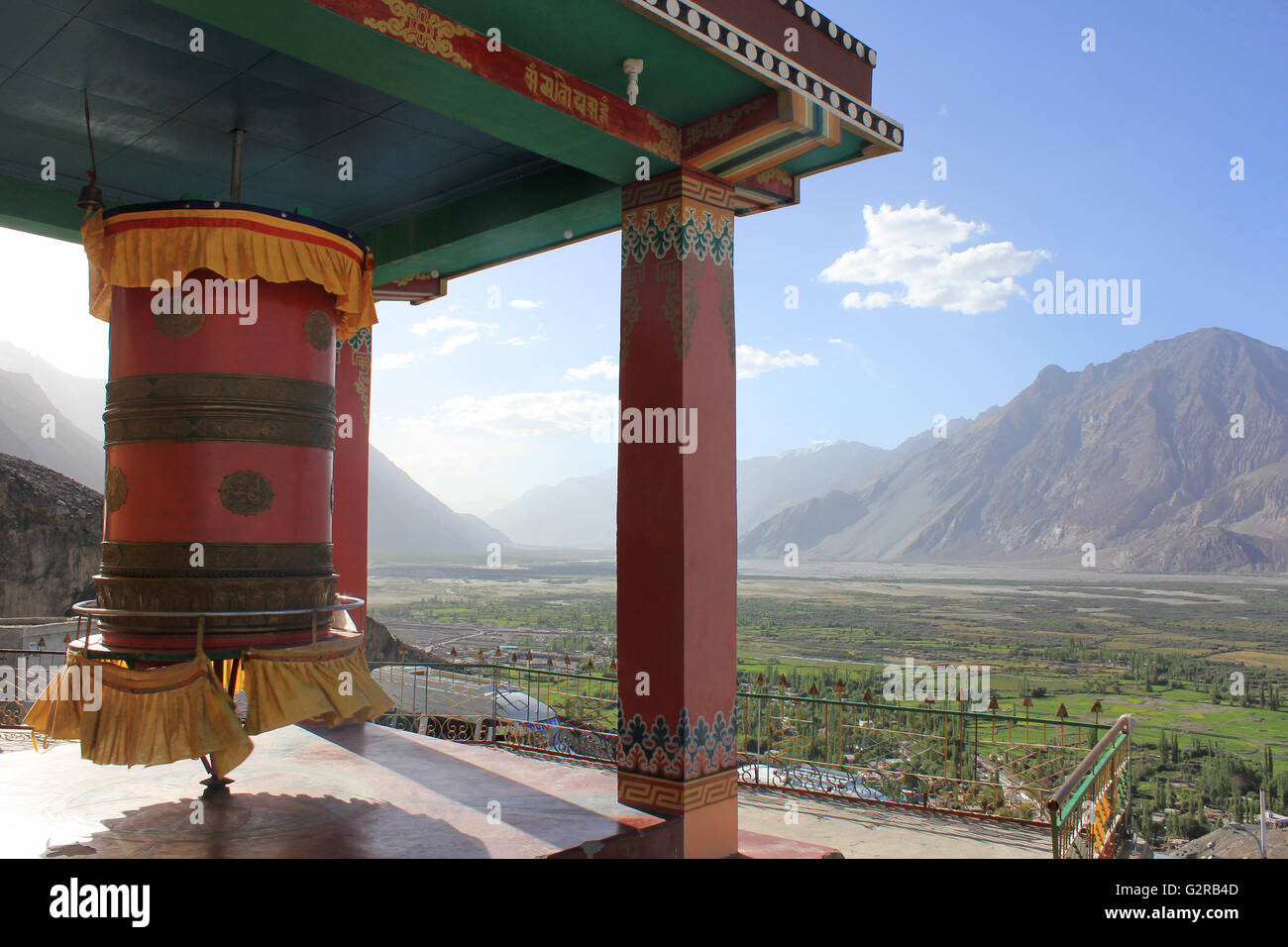 Prayer Wheel, Diskit Monastery or Diskit Gompa.Oldest and largest Buddhist monastery. Nubra Valley of Ladakh, India. Stock Photo