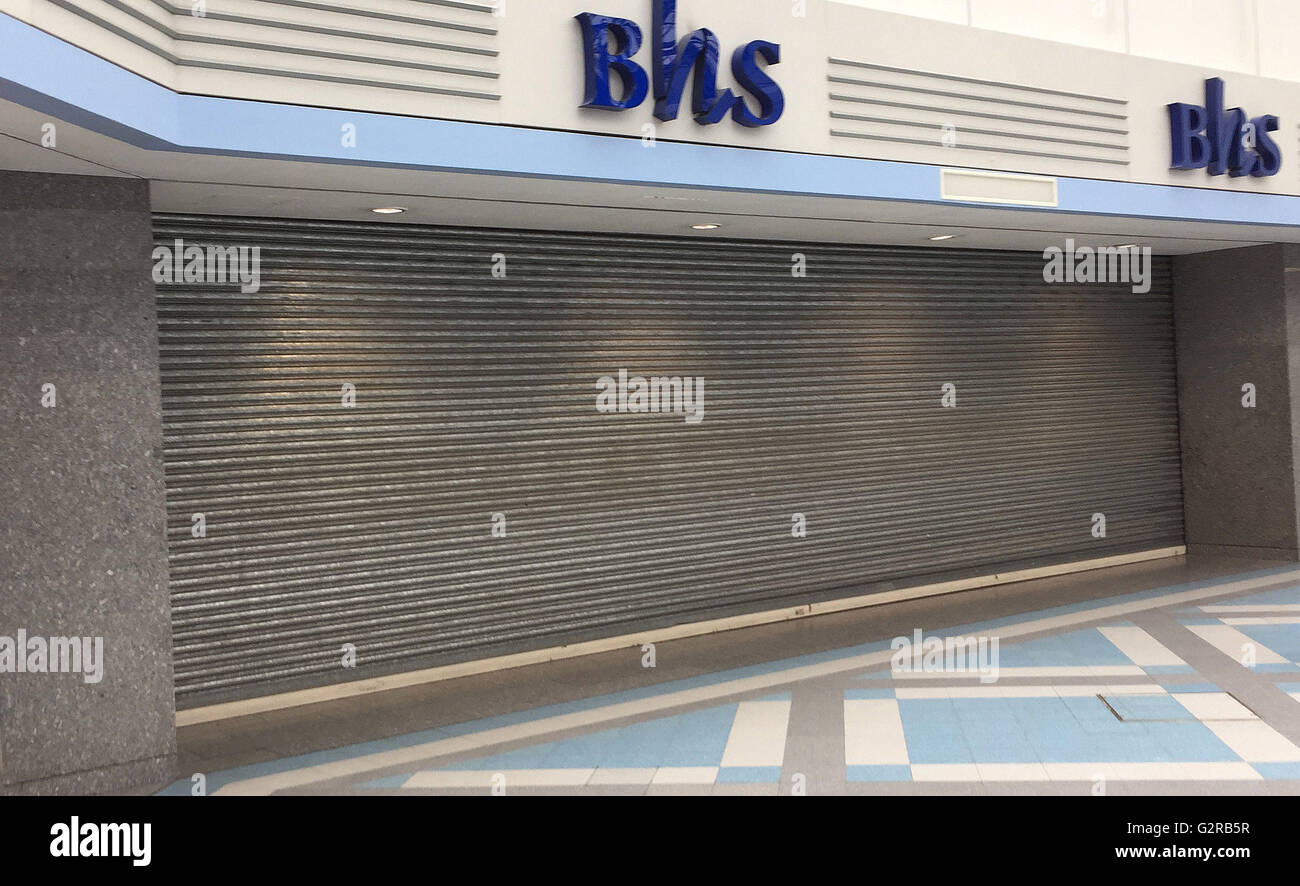 The shutters are closed on the BHS store in Surrey Quays, London, following the announcement that administrators failed to find a buyer. Stock Photo